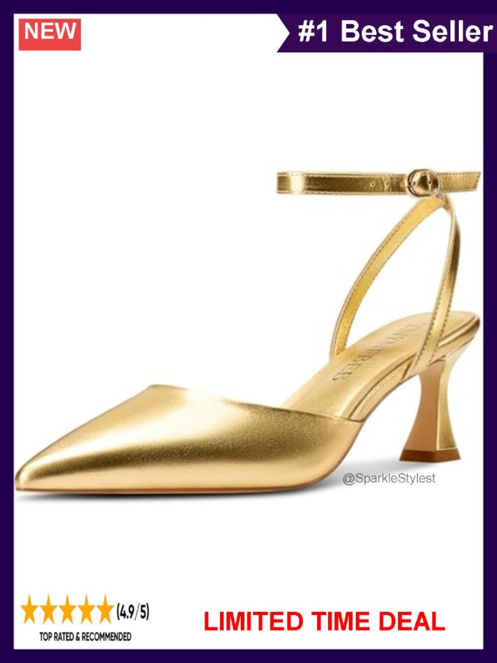 Faux Leather Pointed Toe Slingback Kitten Heel Pumps with Buckle Ankle Strap